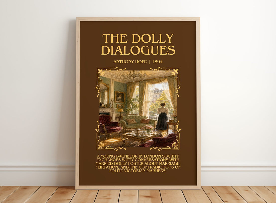 The Dolly Dialogues Minimalist Book Poster by Anthony Hope – framed print leaning on a wooden floor