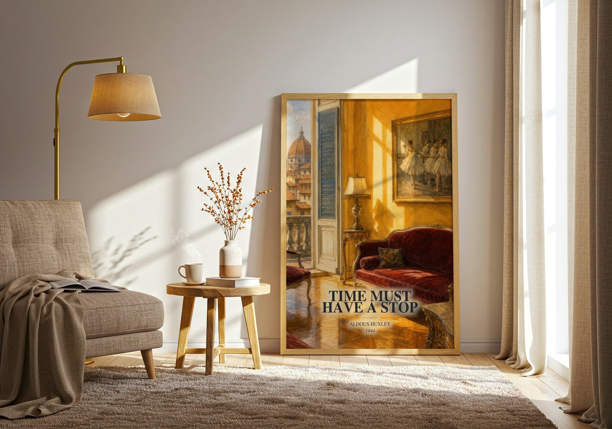 Time Must Have A Stop watercolour print in frame leaning in hallway – literary fiction wall art