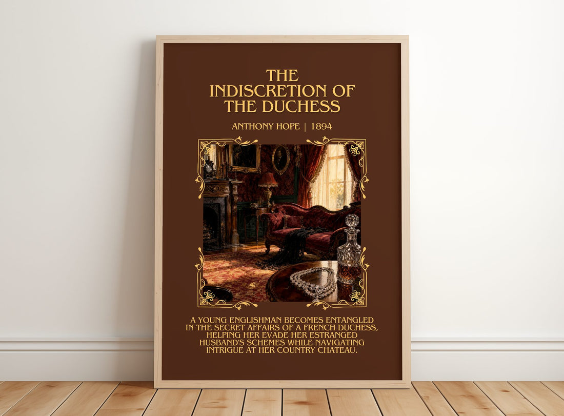 The Indiscretion Of The Duchess Minimalist Book Poster by Anthony Hope – framed print leaning on a wooden floor