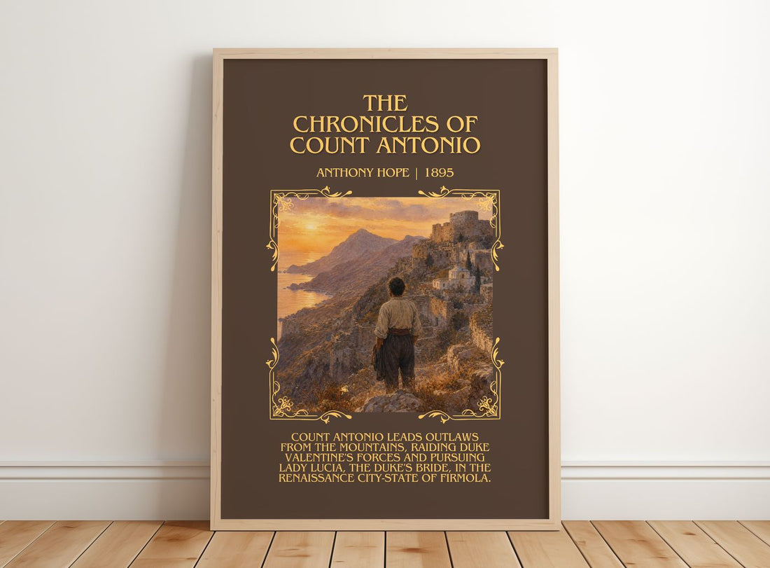 The Chronicles Of Count Antonio Minimalist Book Poster by Anthony Hope – framed print leaning on a wooden floor