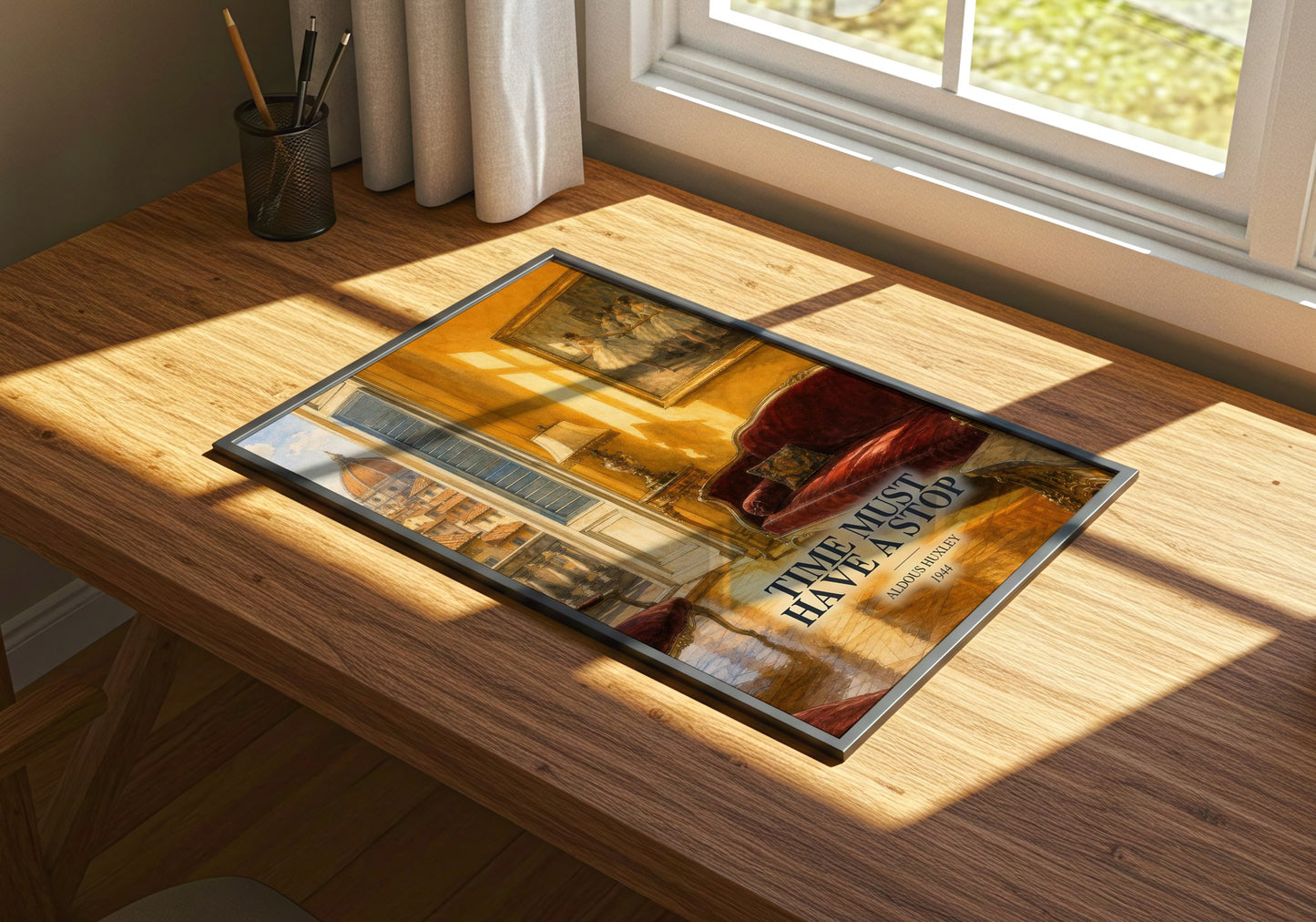 Time Must Have A Stop watercolour book poster framed on wall – literary fiction wall art