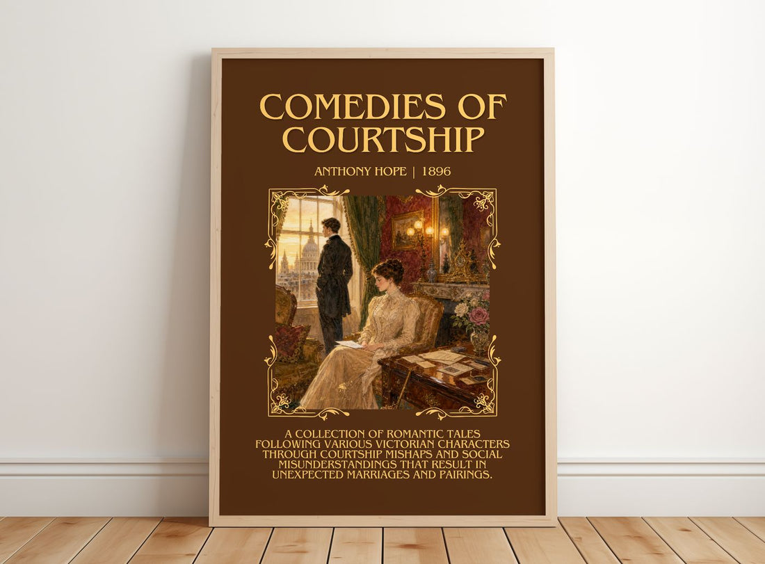 Comedies Of Courtship Minimalist Book Poster by Anthony Hope – framed print leaning on a wooden floor