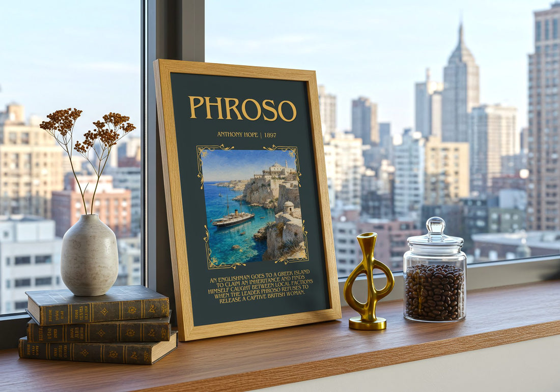 Phroso Minimalist Book Poster by Anthony Hope – framed print on a city-view windowsill