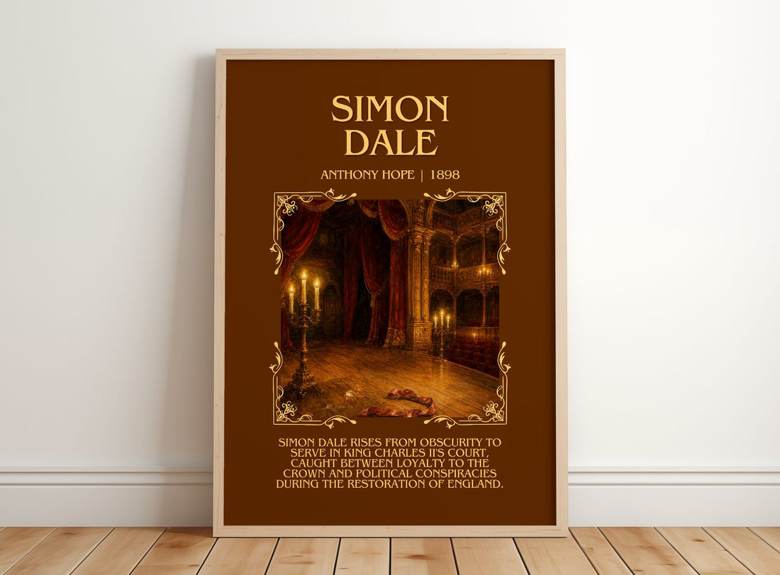 Simon Dale Minimalist Book Poster by Anthony Hope – framed print leaning on a wooden floor