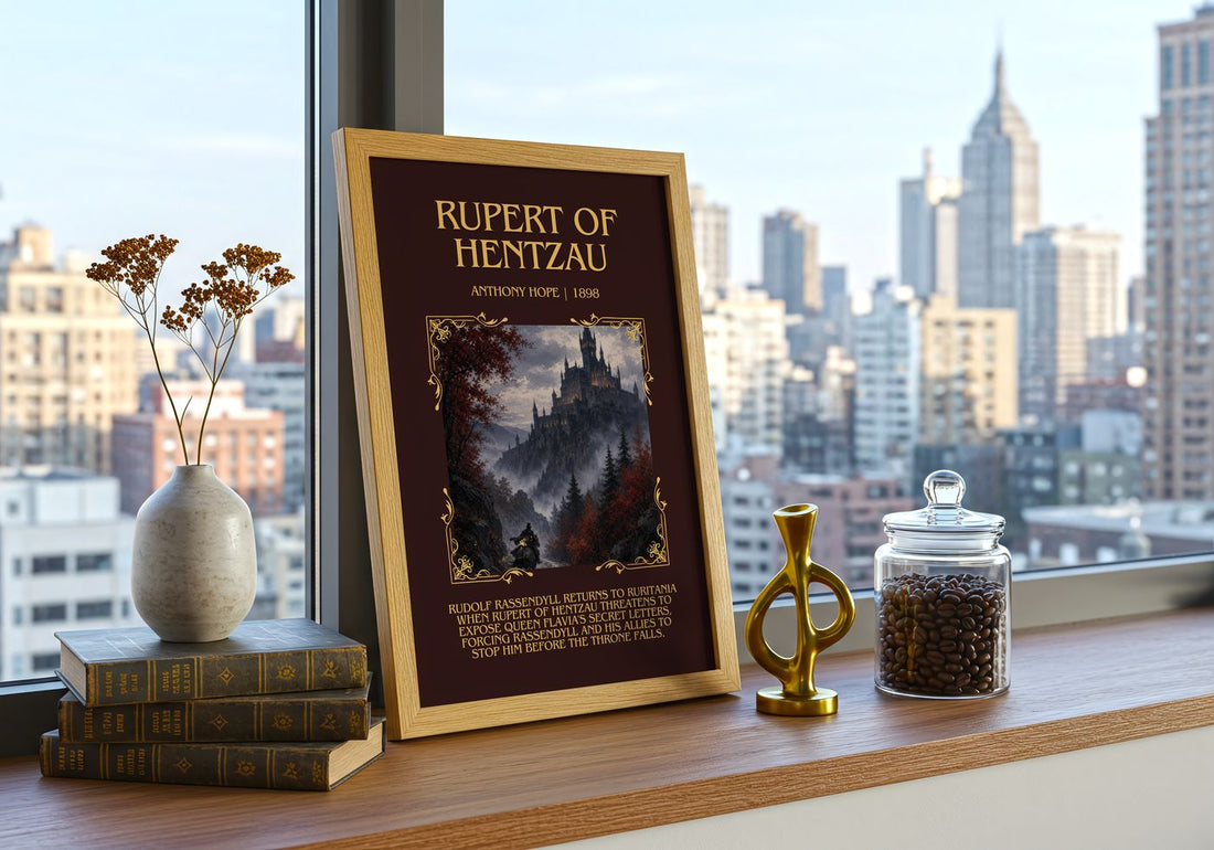 Rupert Of Hentzau Minimalist Book Poster by Anthony Hope – framed print on a city-view windowsill
