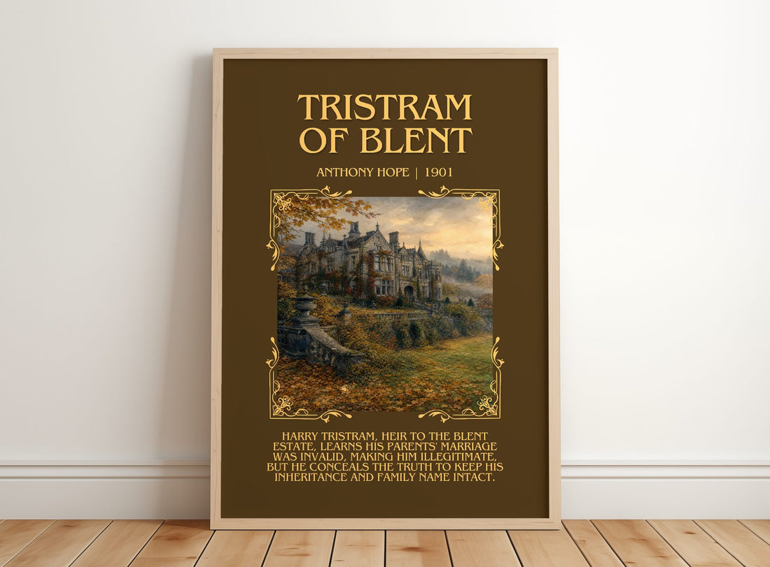 Tristram Of Blent Minimalist Book Poster by Anthony Hope – framed print leaning on a wooden floor