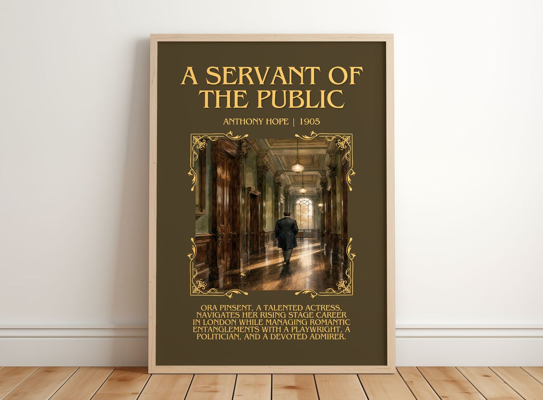 A Servant Of The Public Minimalist Book Poster by Anthony Hope – framed print leaning on a wooden floor