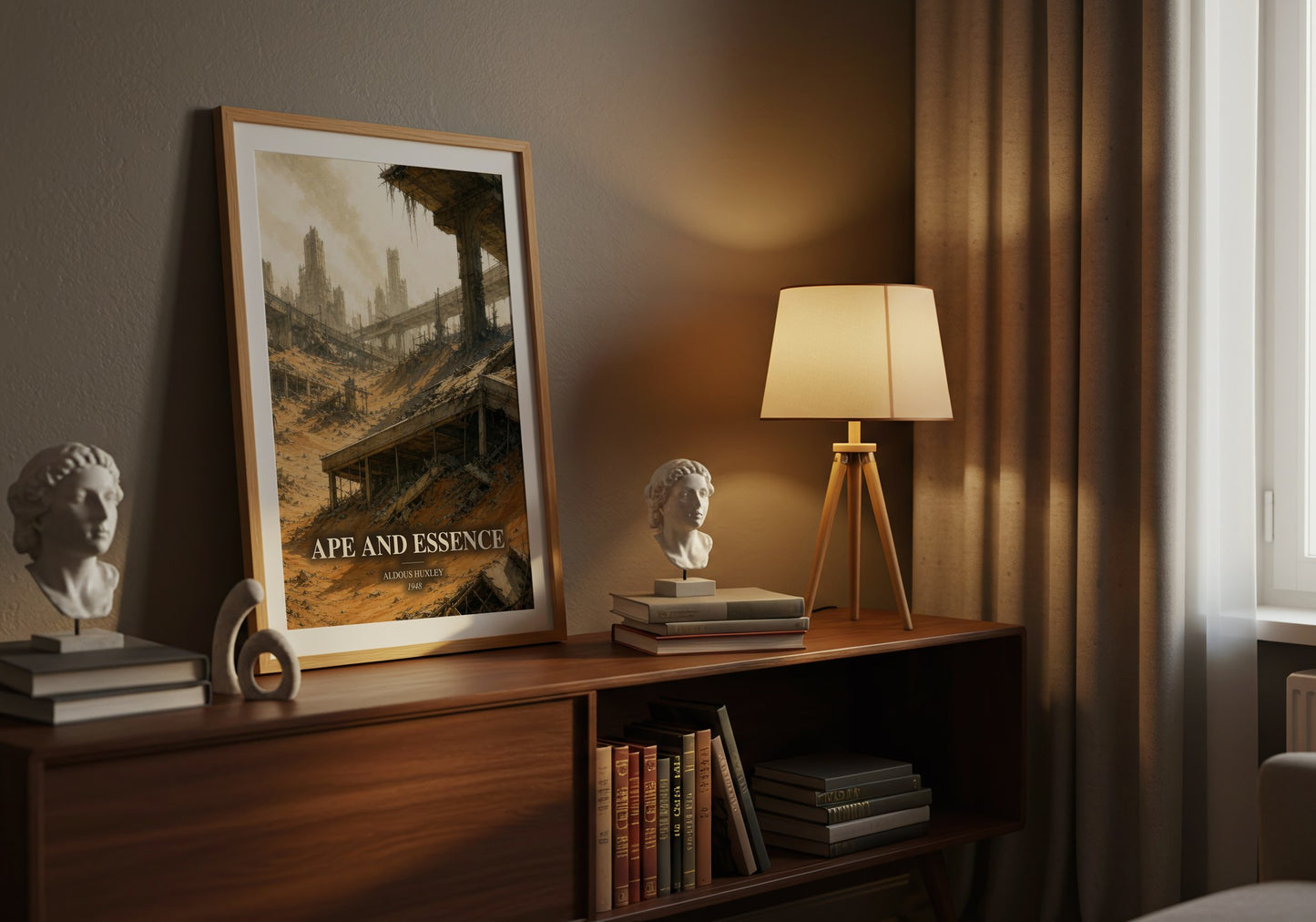 Ape And Essence watercolour print on bookshelf – Aldous Huxley fan gift