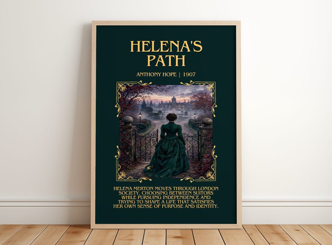 Helena'S Path Minimalist Book Poster by Anthony Hope – framed print leaning on a wooden floor