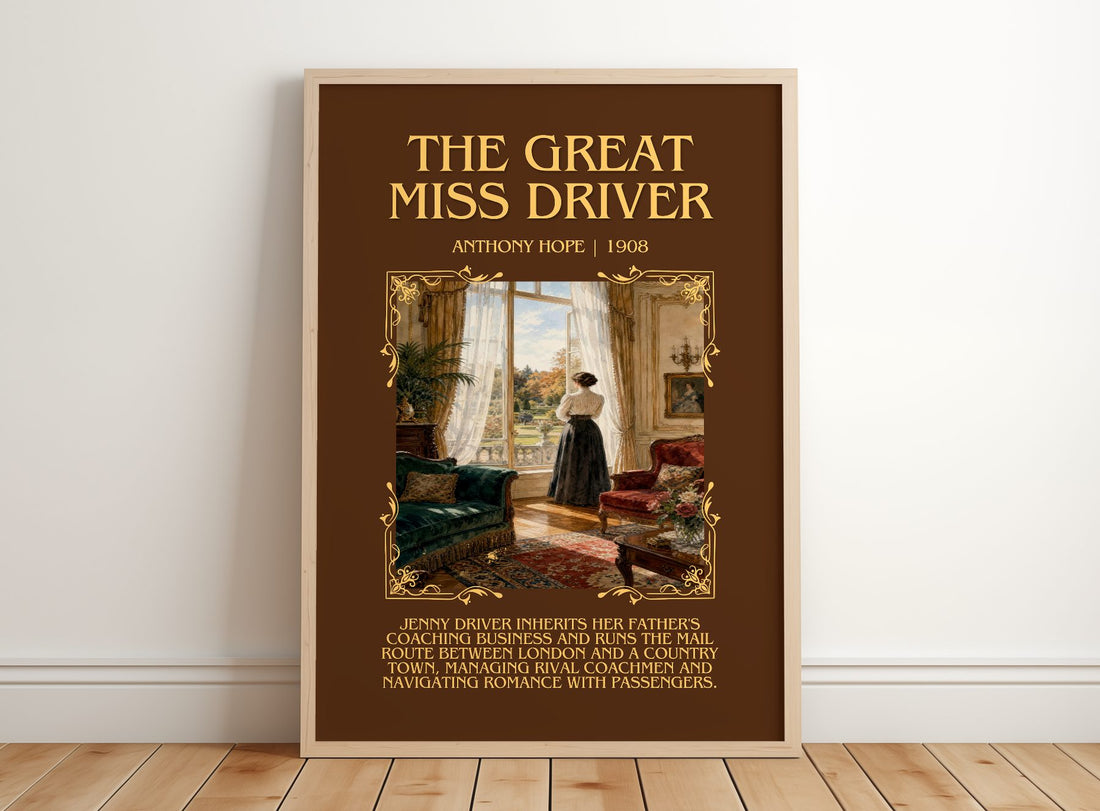 The Great Miss Driver Minimalist Book Poster by Anthony Hope – framed print leaning on a wooden floor