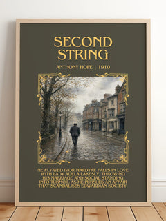 Second String Minimalist Book Poster by Anthony Hope – framed print leaning on a wooden floor