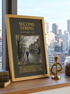 Second String Minimalist Book Poster by Anthony Hope – framed print on a city-view windowsill