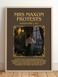 Mrs Maxon Protests Minimalist Book Poster by Anthony Hope – framed print leaning on a wooden floor