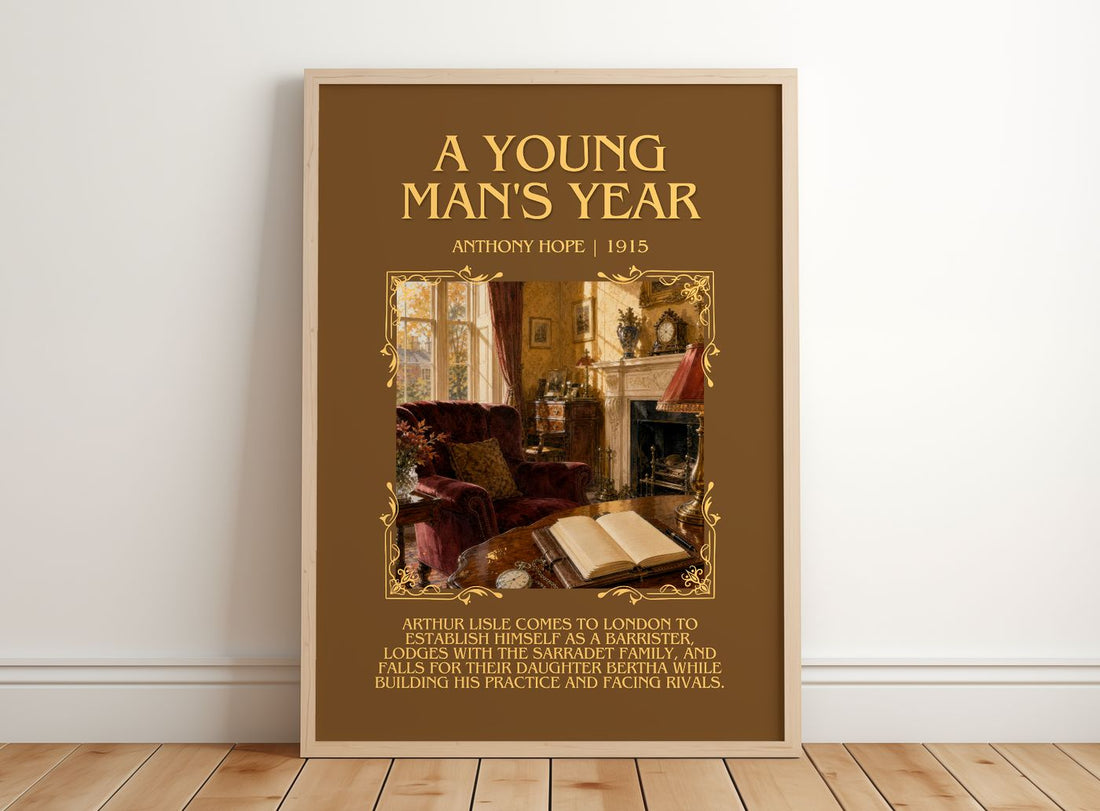 A Young Man'S Year Minimalist Book Poster by Anthony Hope – framed print leaning on a wooden floor