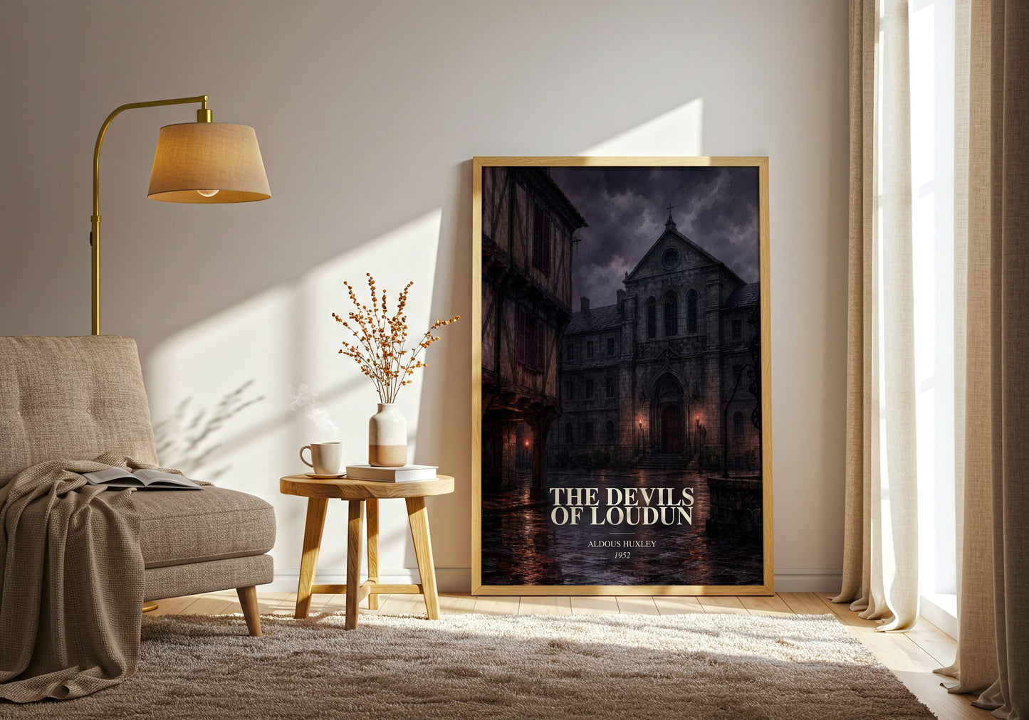 The Devils Of Loudun watercolour print in frame leaning in hallway – non fiction wall art