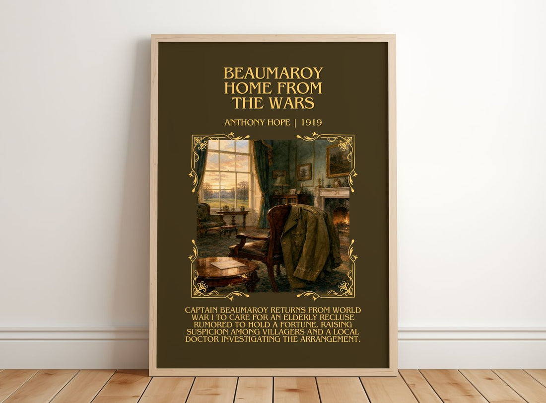 Beaumaroy Home From The Wars Minimalist Book Poster by Anthony Hope – framed print leaning on a wooden floor
