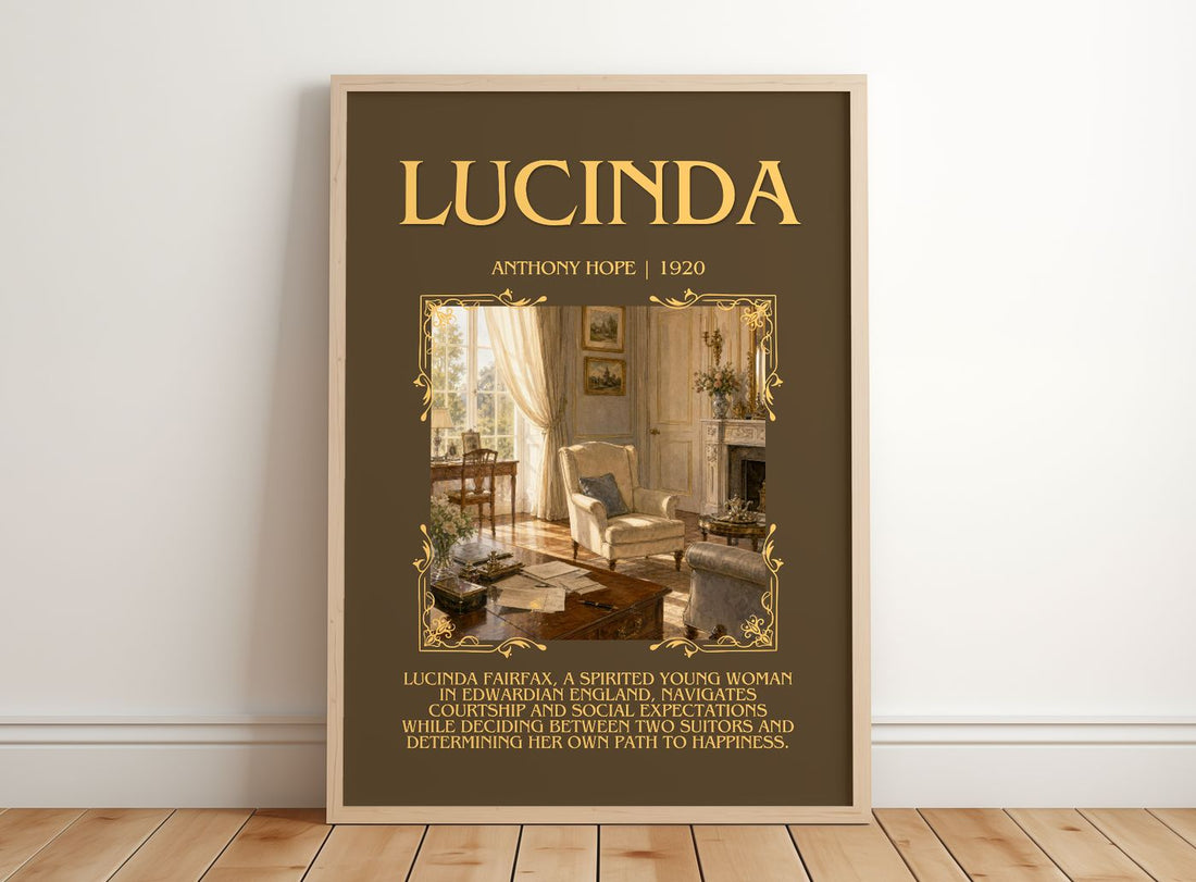 Lucinda Minimalist Book Poster by Anthony Hope – framed print leaning on a wooden floor