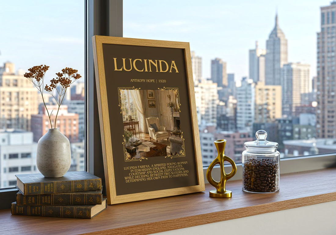 Lucinda Minimalist Book Poster by Anthony Hope – framed print on a city-view windowsill