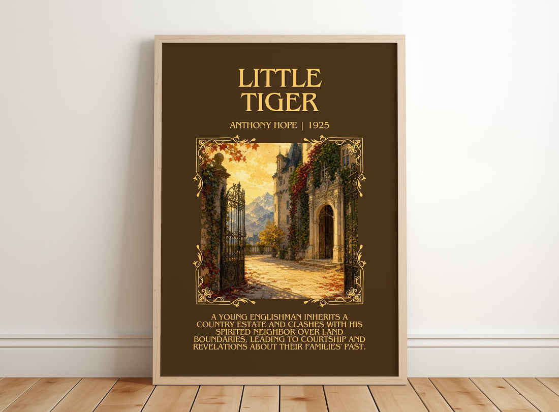 Little Tiger Minimalist Book Poster by Anthony Hope – framed print leaning on a wooden floor