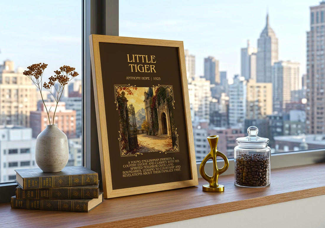 Little Tiger Minimalist Book Poster by Anthony Hope – framed print on a city-view windowsill