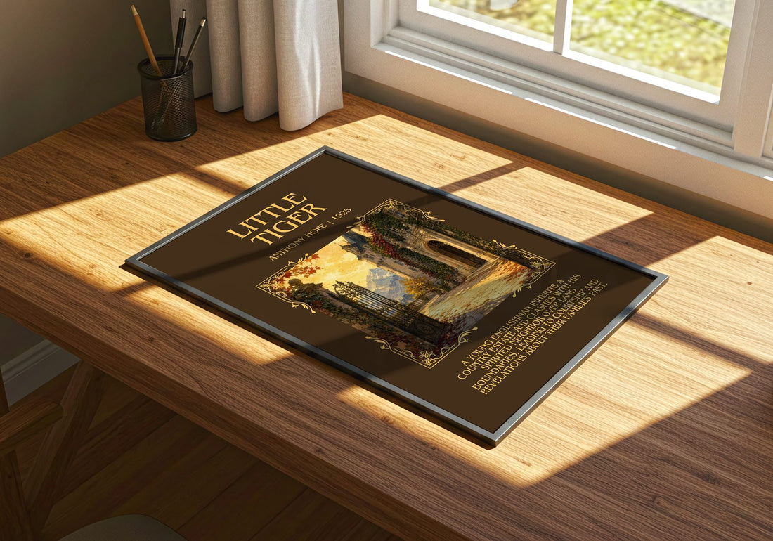 Little Tiger Minimalist Book Poster by Anthony Hope – print on a sunlit desk