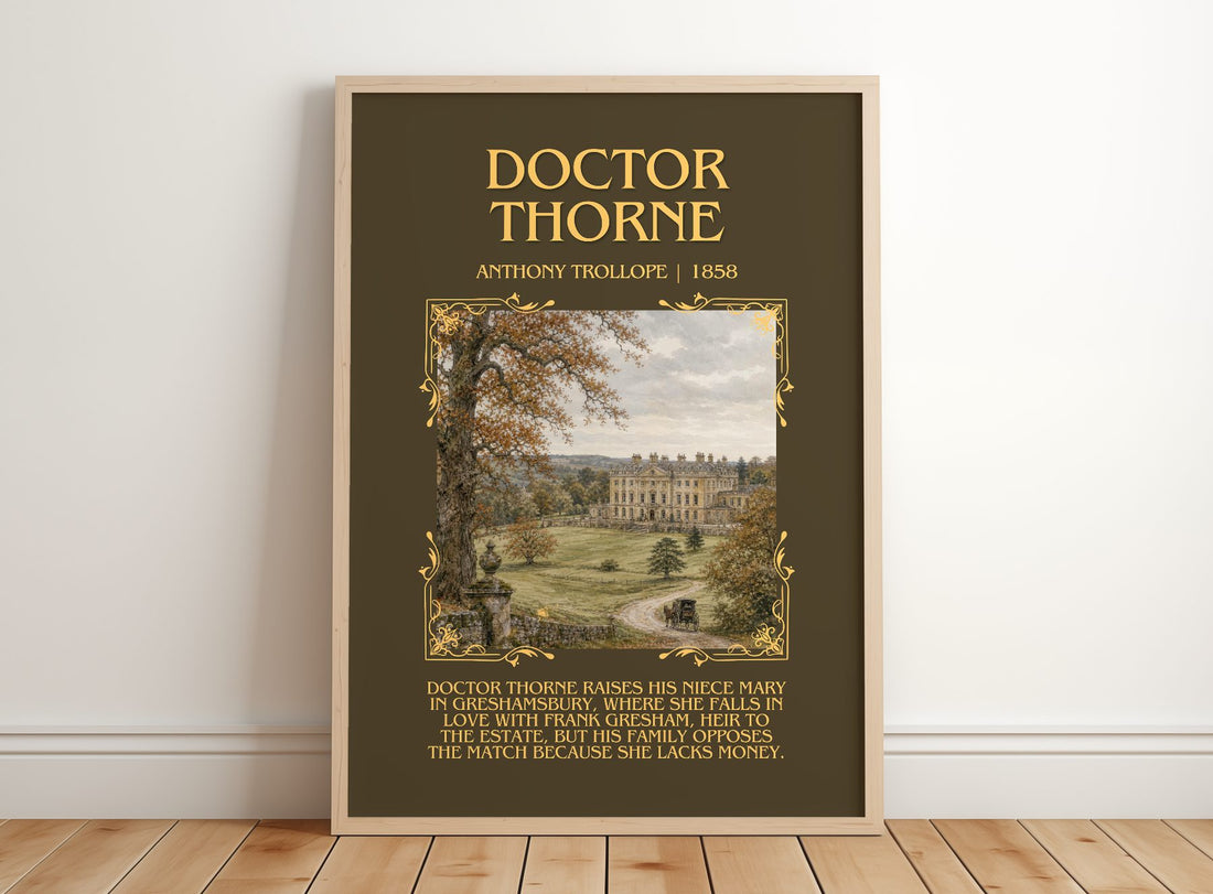 Doctor Thorne Minimalist Book Poster by Anthony Trollope – framed print leaning on a wooden floor