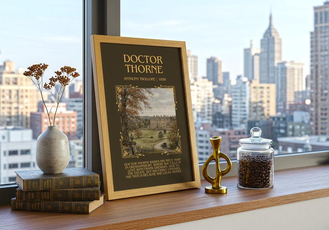 Doctor Thorne Minimalist Book Poster by Anthony Trollope – framed print on a city-view windowsill