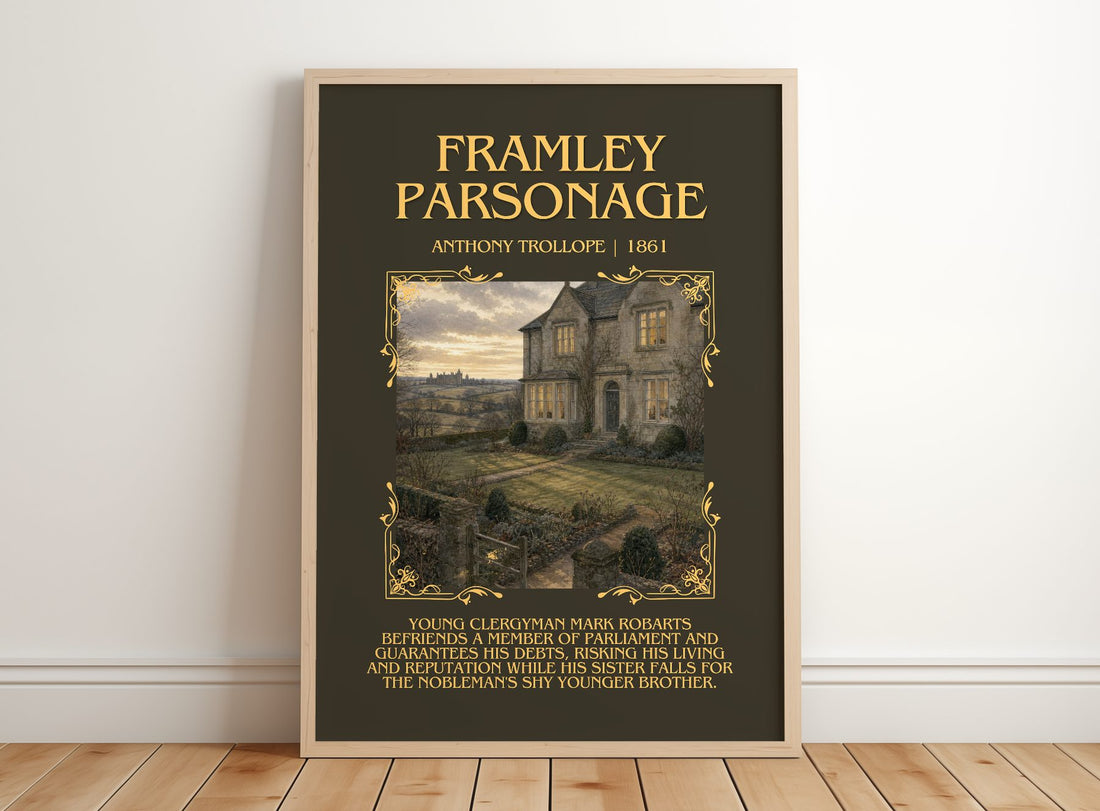 Framley Parsonage Minimalist Book Poster by Anthony Trollope – framed print leaning on a wooden floor