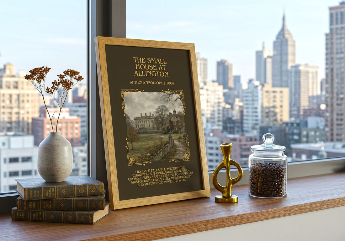 Small House At Allington Minimalist Book Poster by Anthony Trollope – framed print on a city-view windowsill