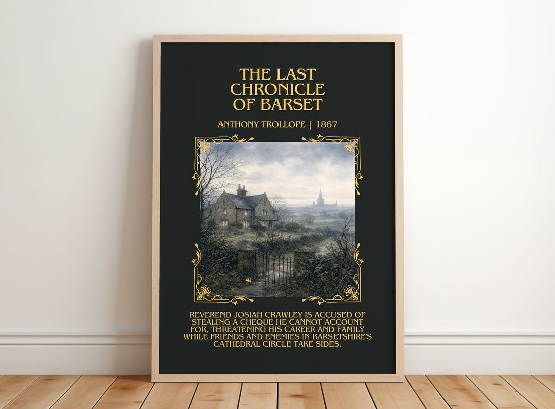 Last Chronicle Of Barset Minimalist Book Poster by Anthony Trollope – framed print leaning on a wooden floor