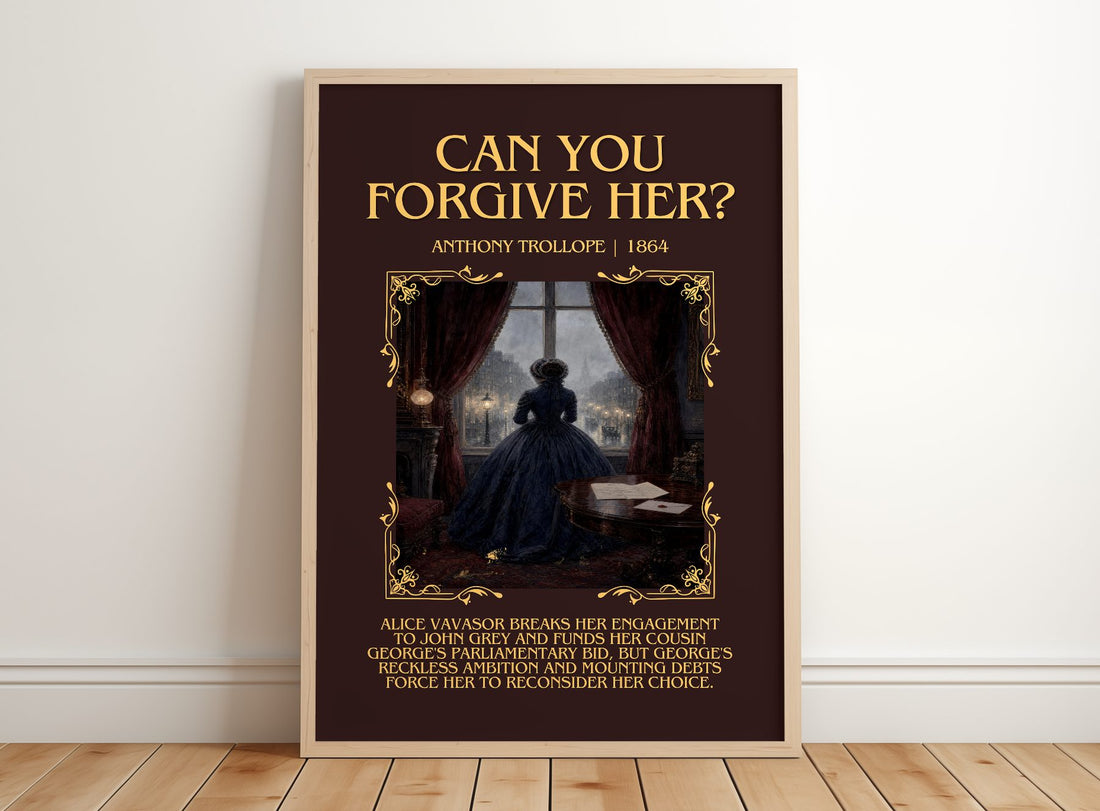 Can You Forgive Her? Minimalist Book Poster by Anthony Trollope – framed print leaning on a wooden floor