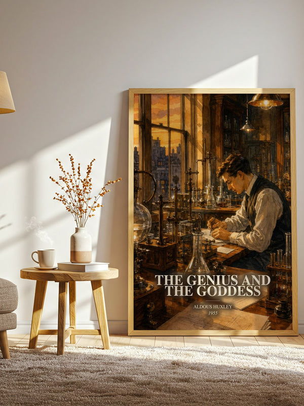 The Genius And The Goddess watercolour print in frame leaning in hallway – literary fiction wall art