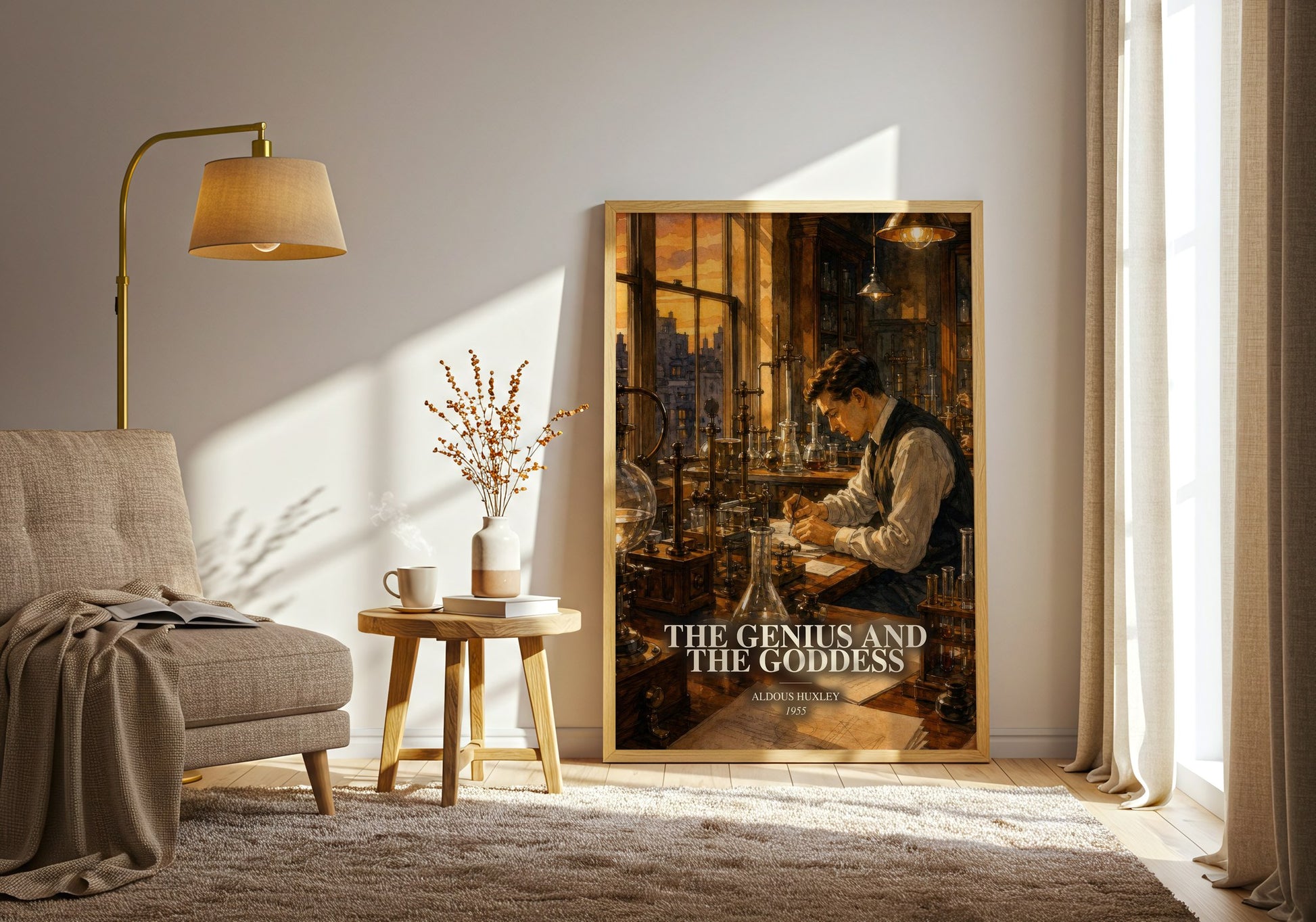 The Genius And The Goddess watercolour print in frame leaning in hallway – literary fiction wall art