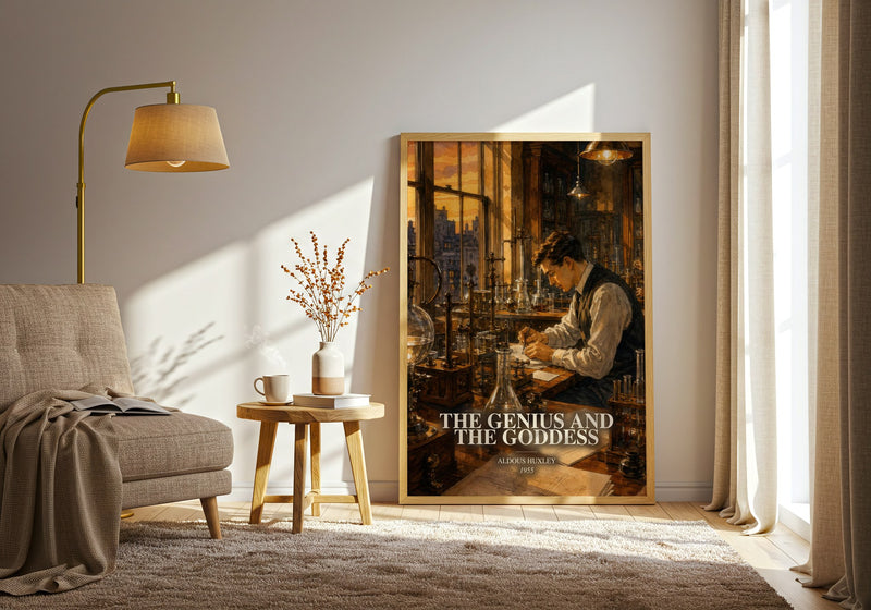 The Genius And The Goddess watercolour print in frame leaning in hallway – literary fiction wall art