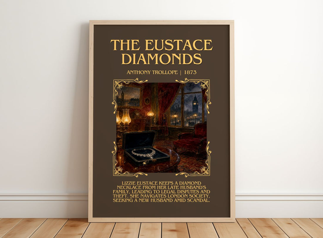 The Eustace Diamonds Minimalist Book Poster by Anthony Trollope – framed print leaning on a wooden floor