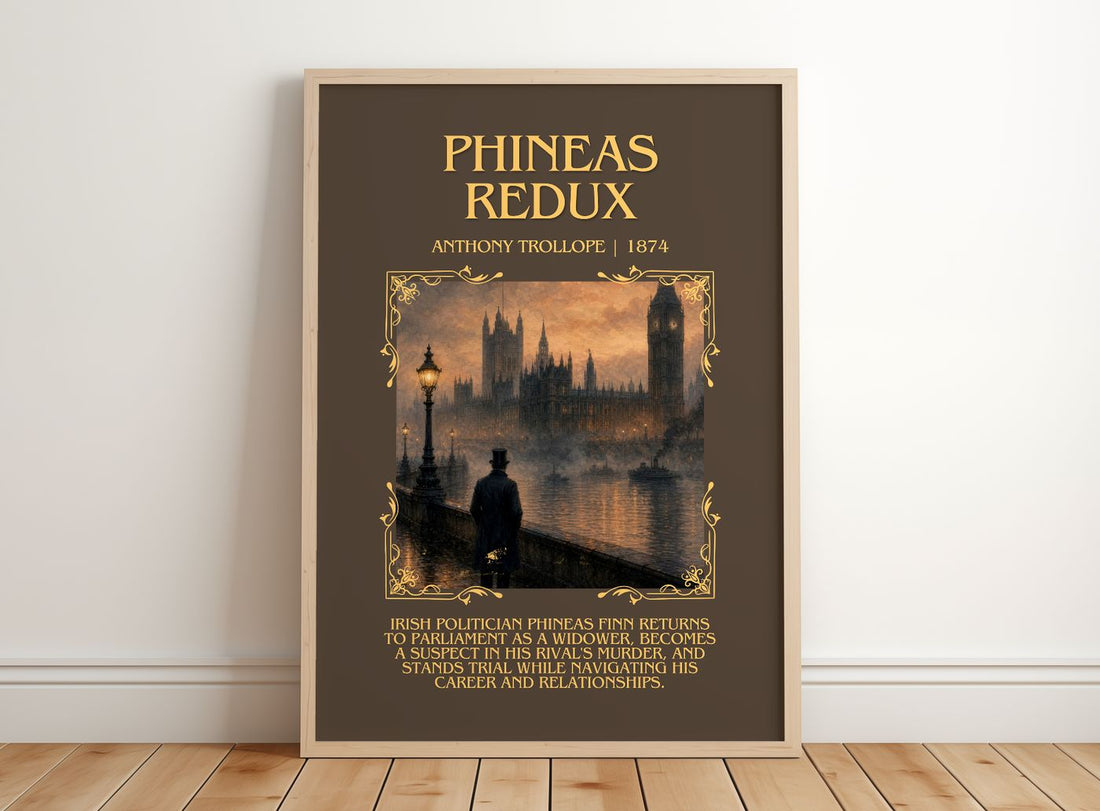 Phineas Redux Minimalist Book Poster by Anthony Trollope – framed print leaning on a wooden floor