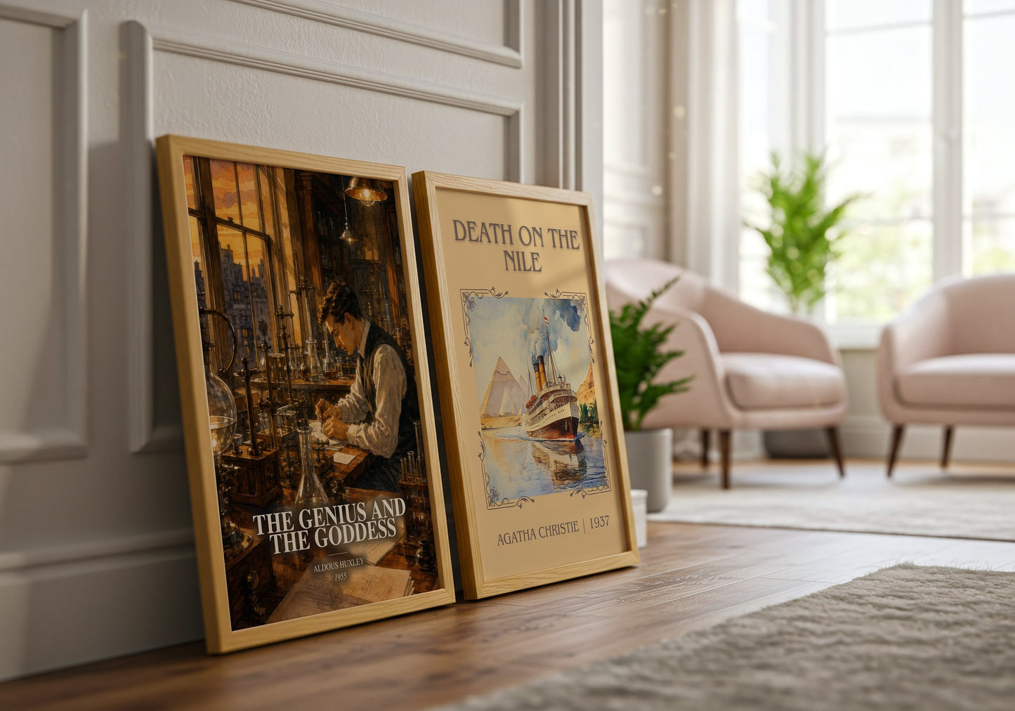 The Genius And The Goddess watercolour print framed by window – literary home decor