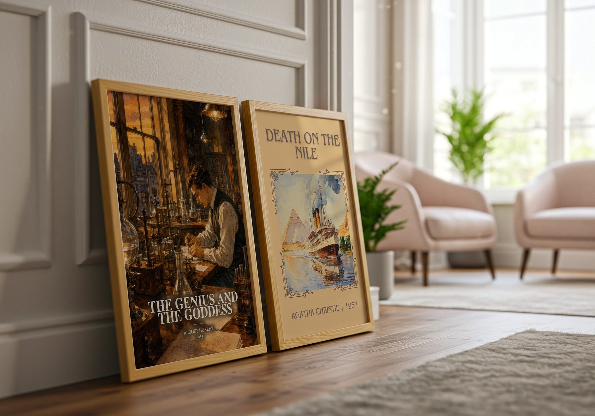 The Genius And The Goddess watercolour print framed by window – literary home decor