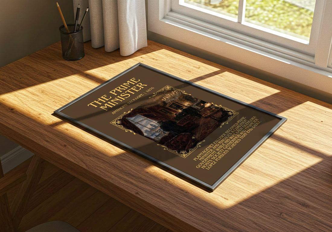 The Prime Minister Minimalist Book Poster by Anthony Trollope – print on a sunlit desk
