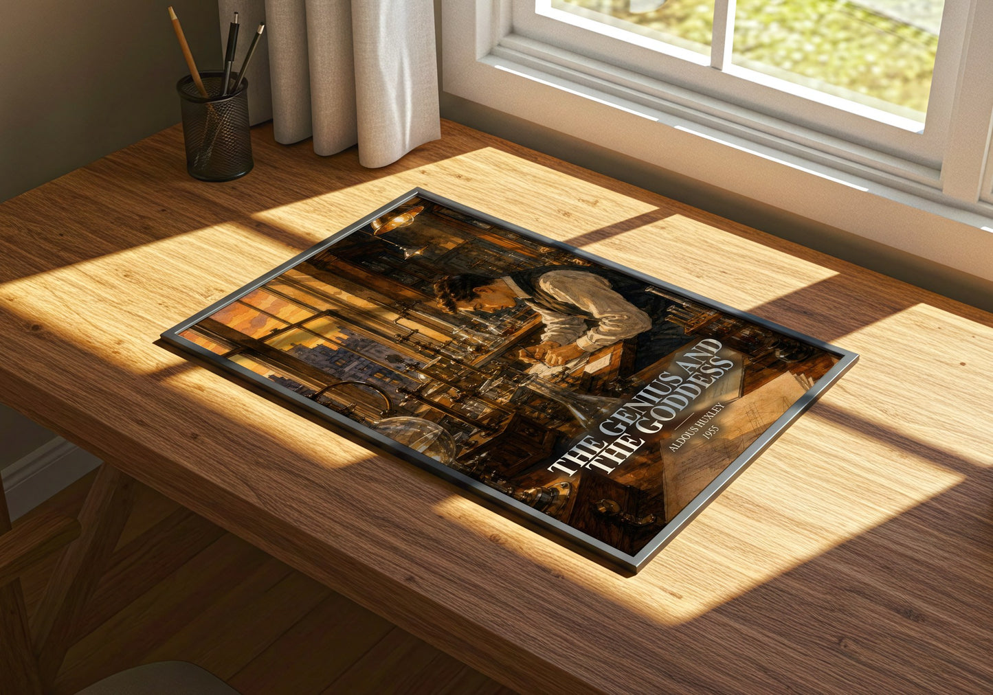 The Genius And The Goddess watercolour book poster framed on wall – literary fiction wall art