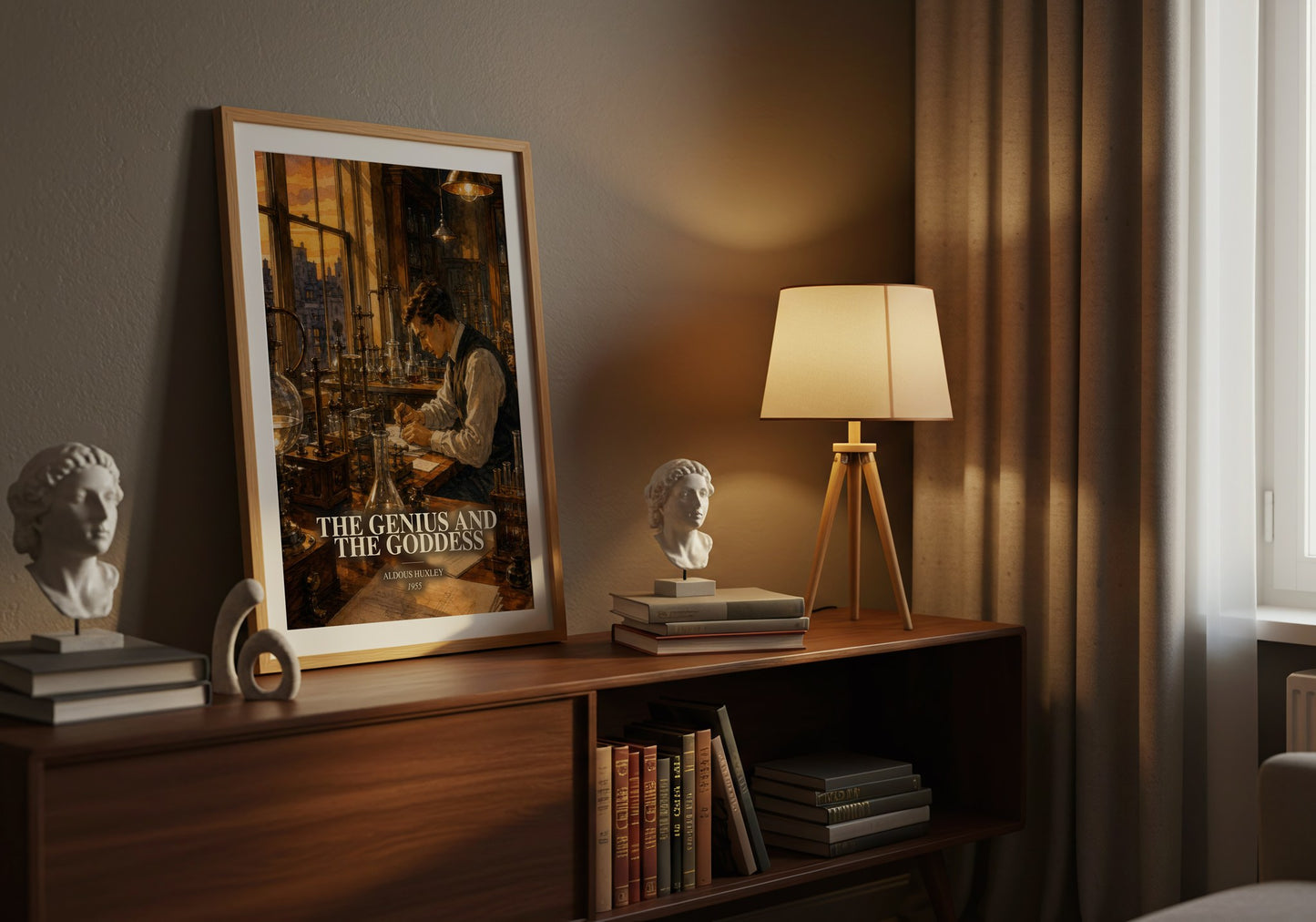 The Genius And The Goddess watercolour print on bookshelf – Aldous Huxley fan gift