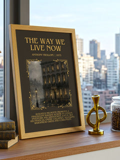 The Way We Live Now Minimalist Book Poster by Anthony Trollope – framed print on a city-view windowsill