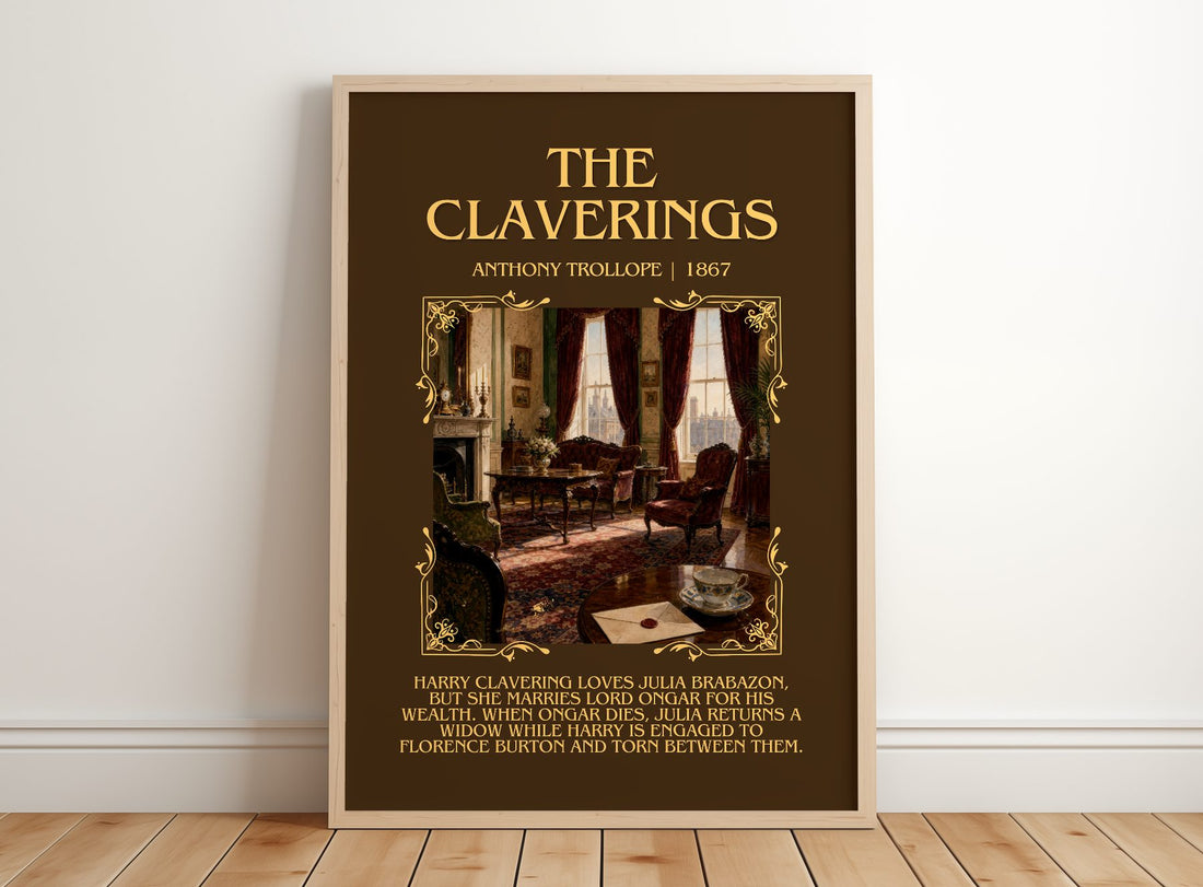 The Claverings Minimalist Book Poster by Anthony Trollope – framed print leaning on a wooden floor