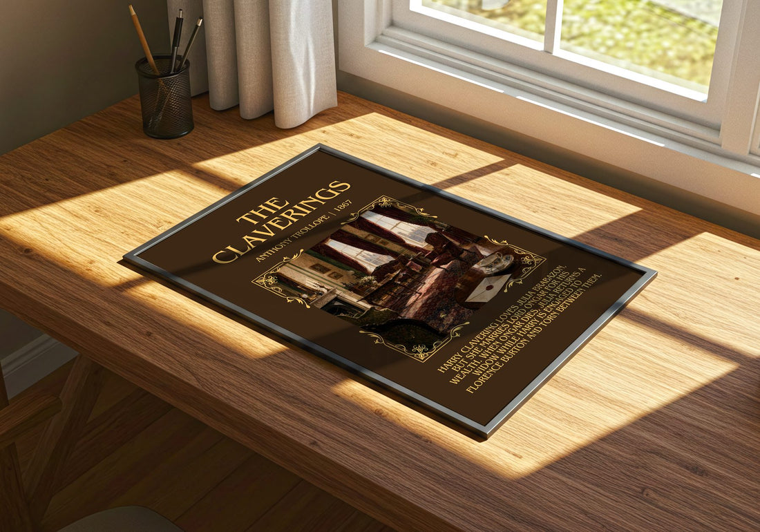 The Claverings Minimalist Book Poster by Anthony Trollope – print on a sunlit desk