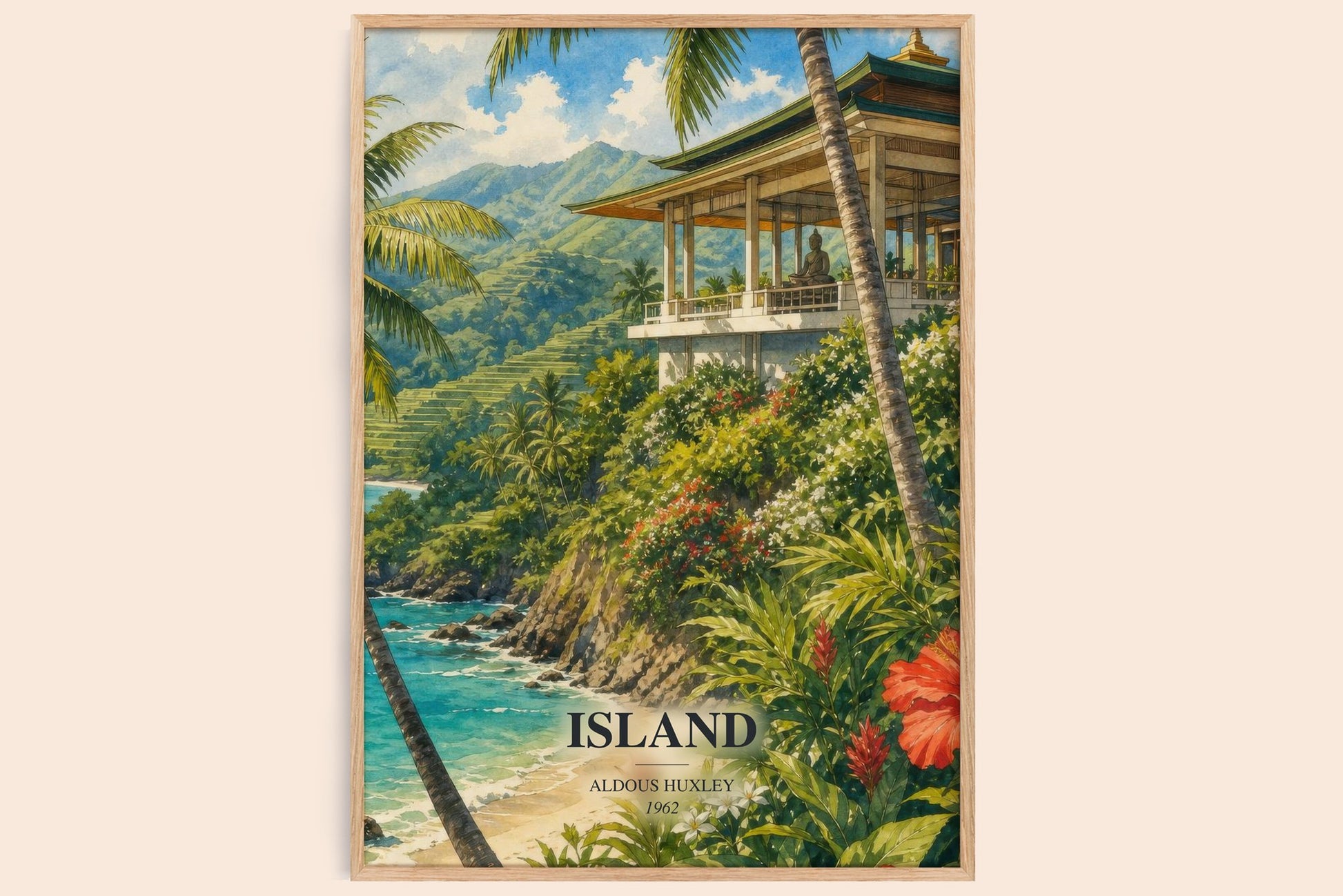 Island watercolour book poster by Aldous Huxley – framed literary art print