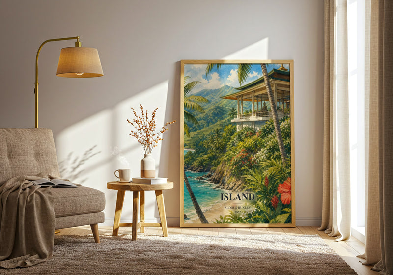 Island watercolour print in frame leaning in hallway – literary fiction wall art