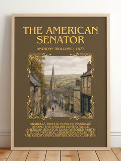 The American Senator Minimalist Book Poster by Anthony Trollope – framed print leaning on a wooden floor