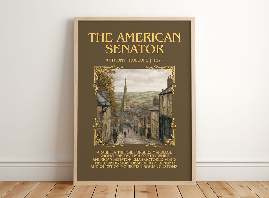 The American Senator Minimalist Book Poster by Anthony Trollope – framed print leaning on a wooden floor