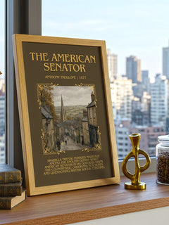 The American Senator Minimalist Book Poster by Anthony Trollope – framed print on a city-view windowsill