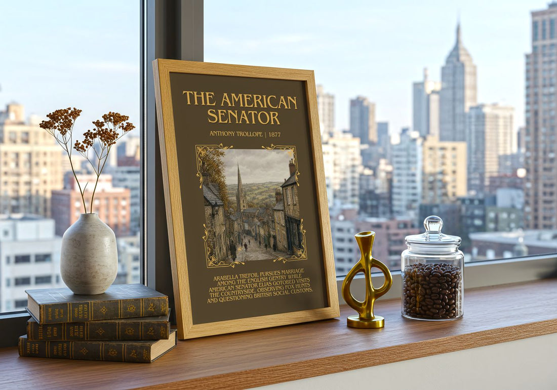 The American Senator Minimalist Book Poster by Anthony Trollope – framed print on a city-view windowsill